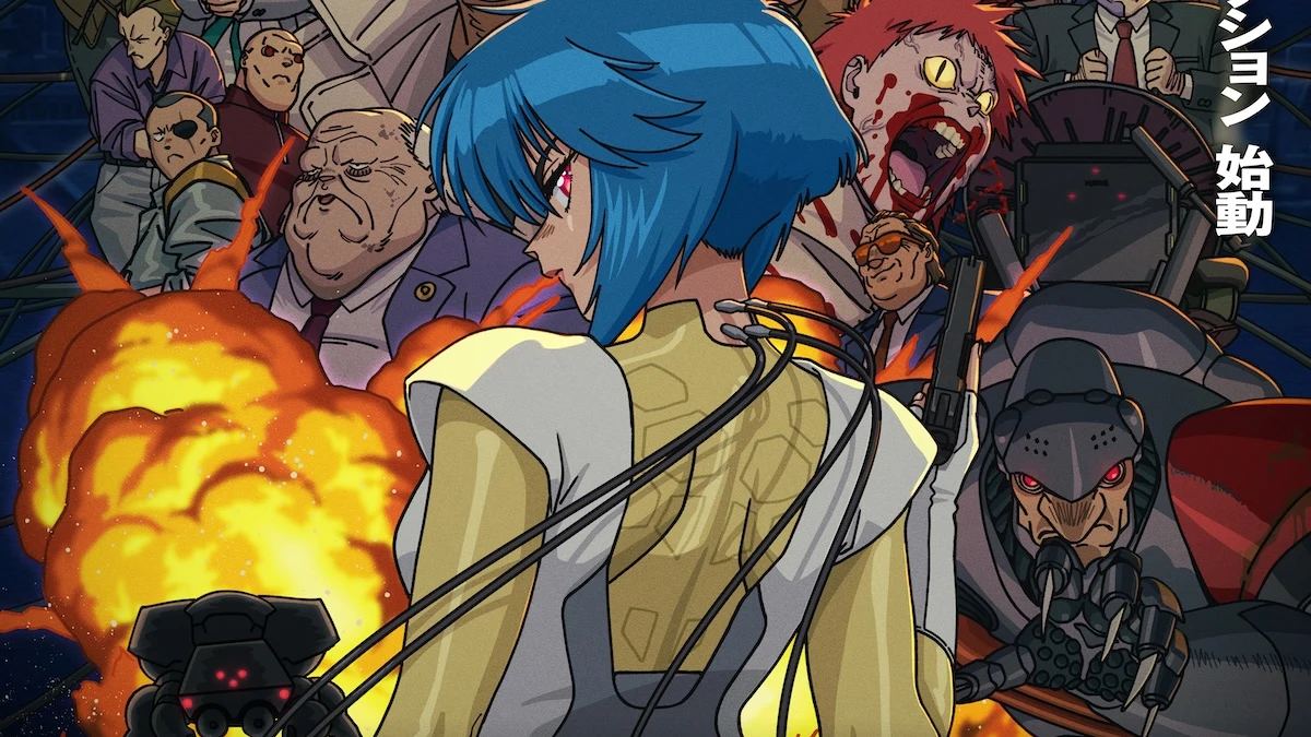 Fuchikoma junto de Motoko Kusanagi e outros personagens em visual oficial da série de 2026