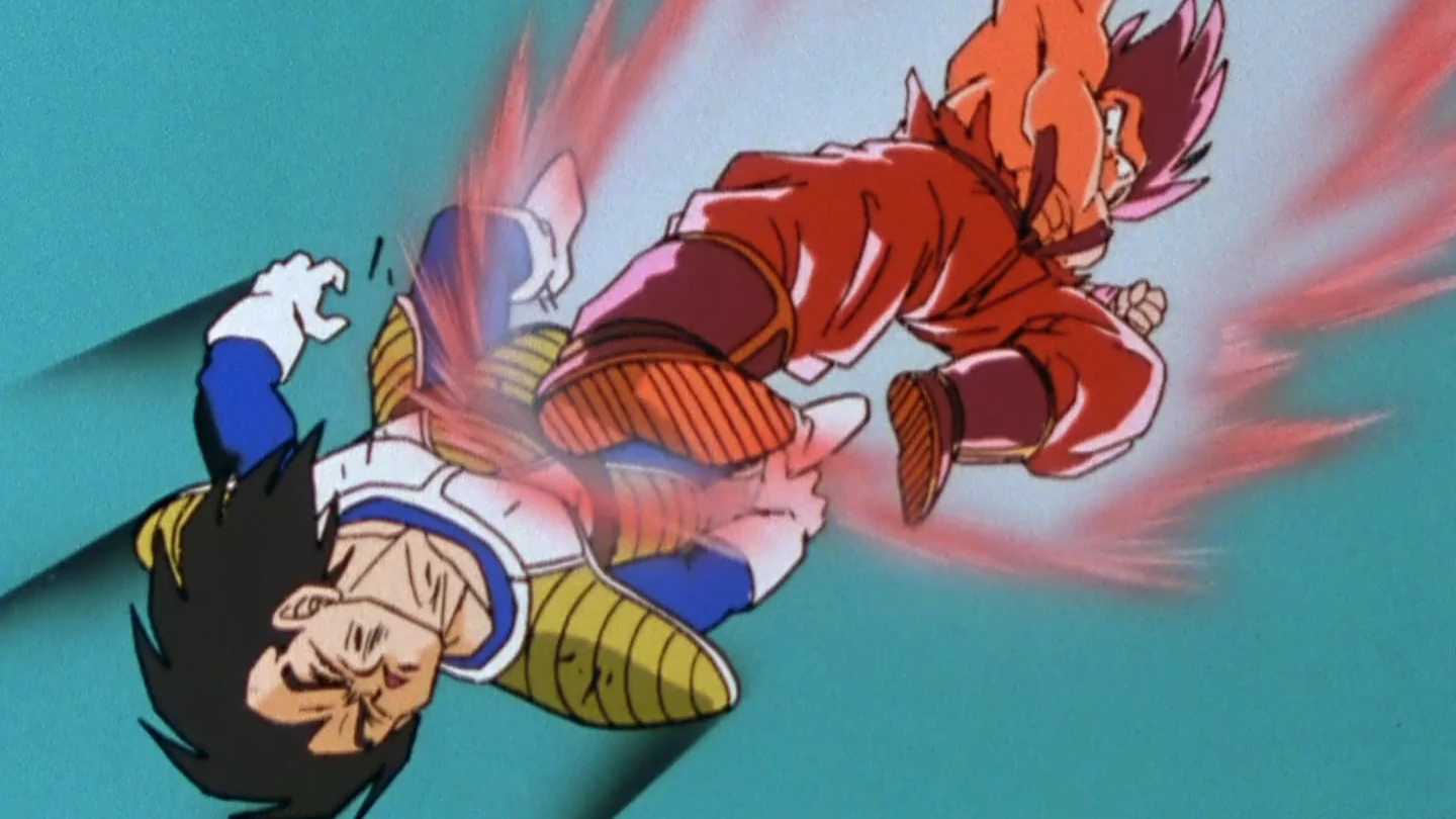 Goku usando o Kaioken contra Vegeta em Dragon Ball Z Kai
