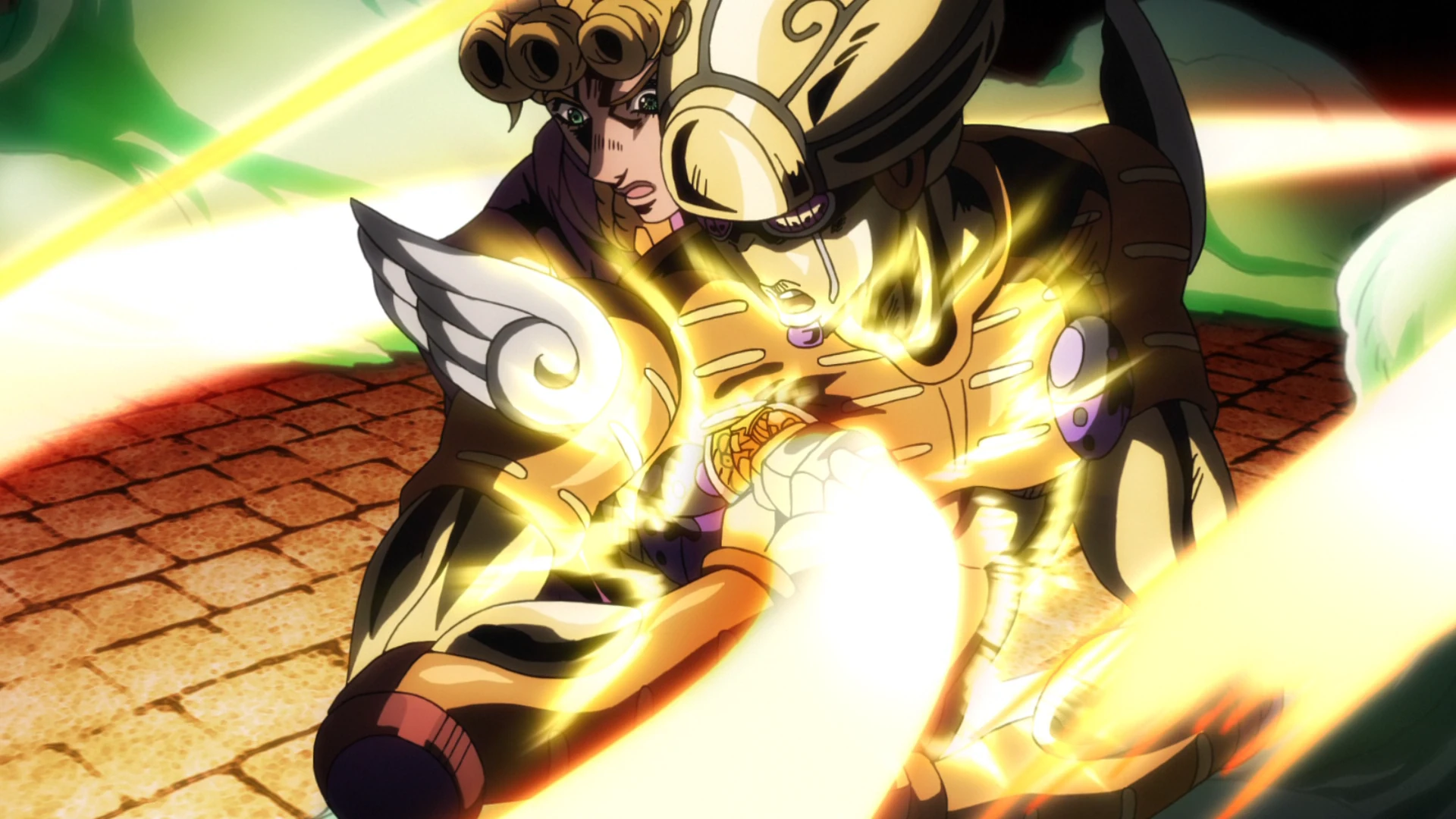 Gold Experience sendo perfurado pela Flecha antes de se tornar Requiem