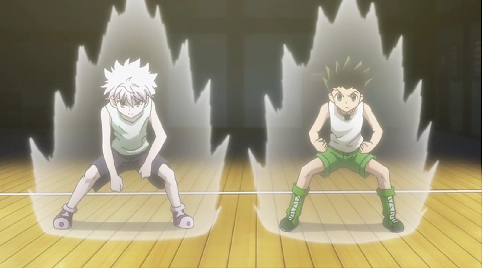 Gon e Killua treinando o controle da aura durante o aprendizado de Nen