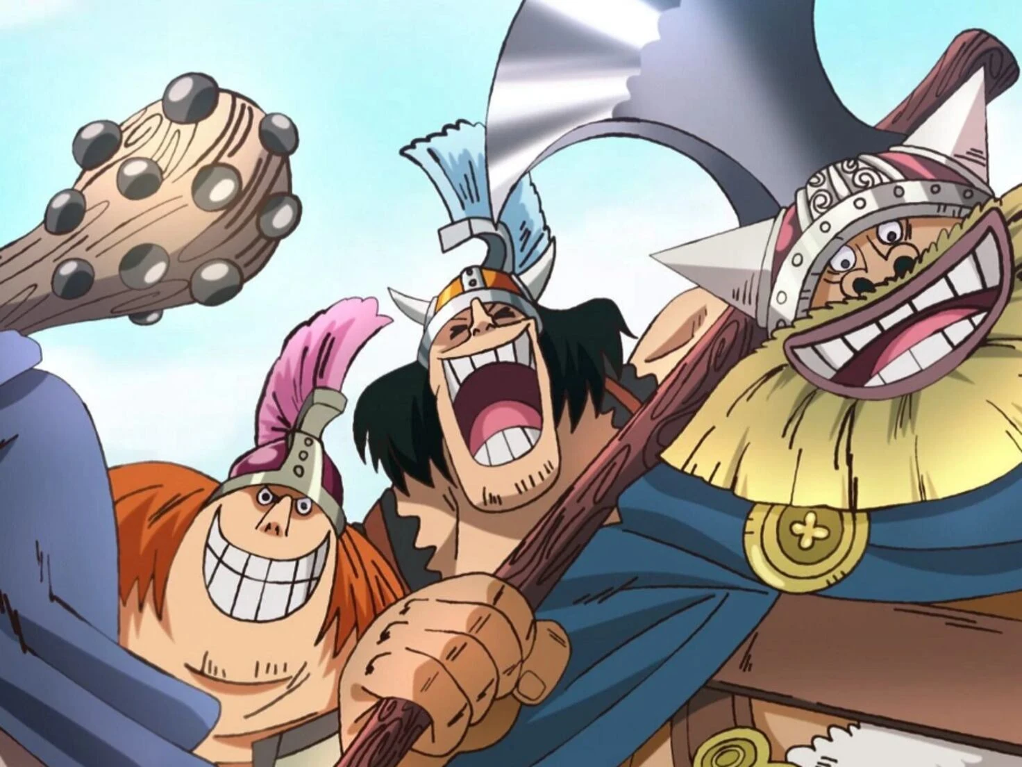 Guerreros gigantes armados en una escena de One Piece