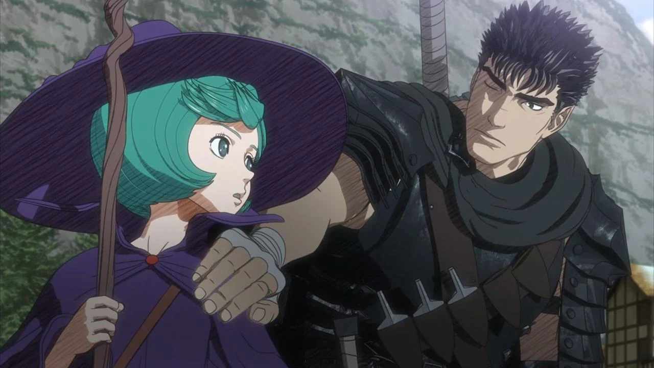 Guts e Schierke durante a fase em que a magia passa a proteger o grupo