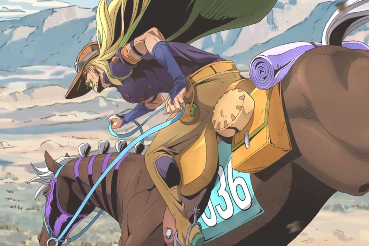 Gyro Zeppeli cavalgando durante a Steel Ball Run no anime