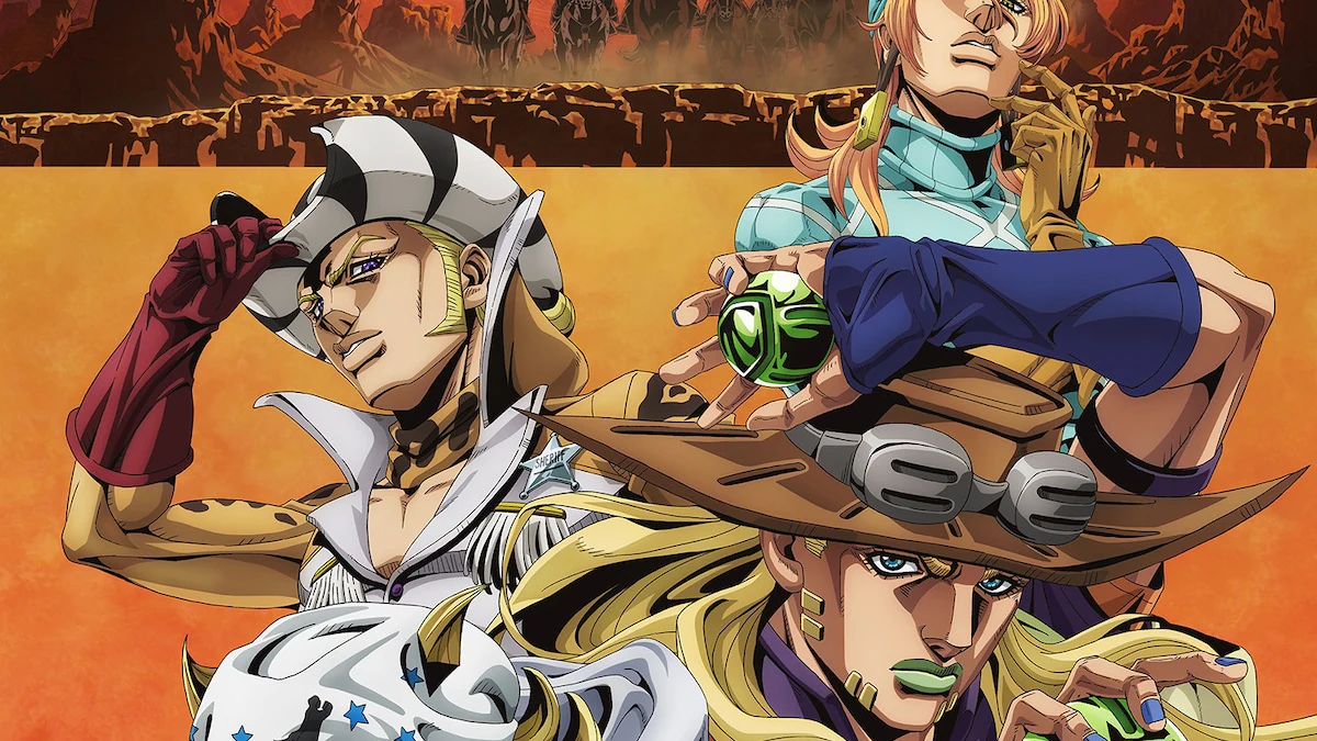 Gyro Zeppeli segurando uma Steel Ball enquanto Johnny Joestar observa em Steel Ball Run