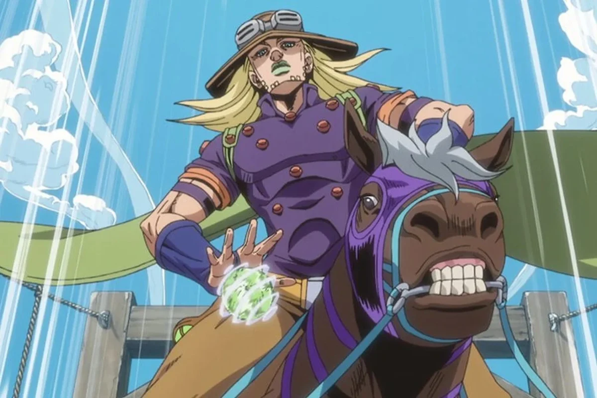 Gyro Zeppeli usando uma Steel Ball enquanto cavalga no anime de Steel Ball Run