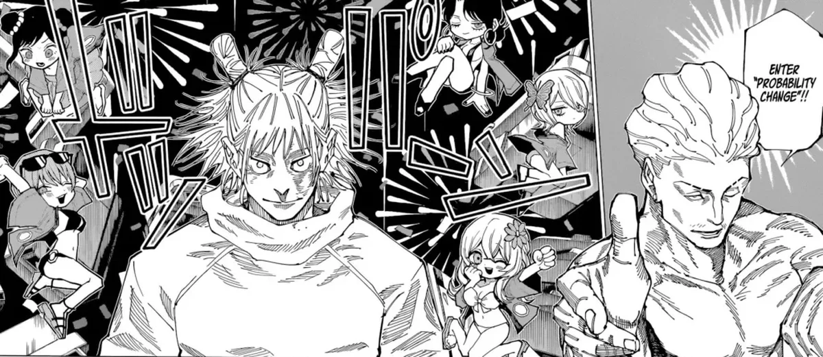 Hakari e Kashimo dentro do Idle Death Gamble com o modo de probabilidade exibido no mangá
