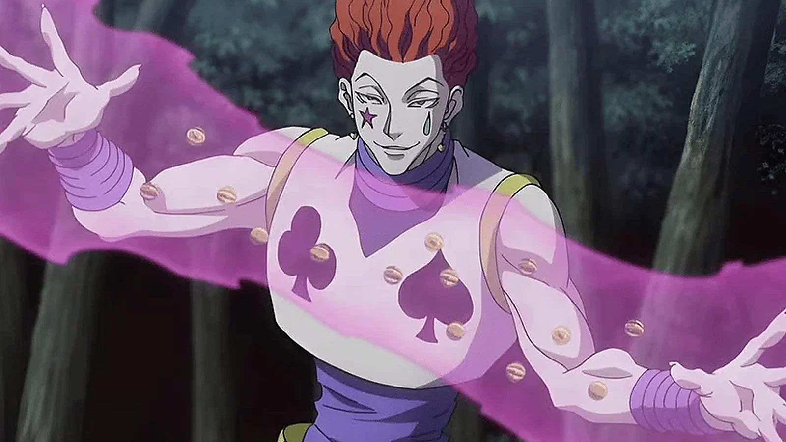 Hisoka usando Bungee Gum, técnica de Nen da categoria Transformação