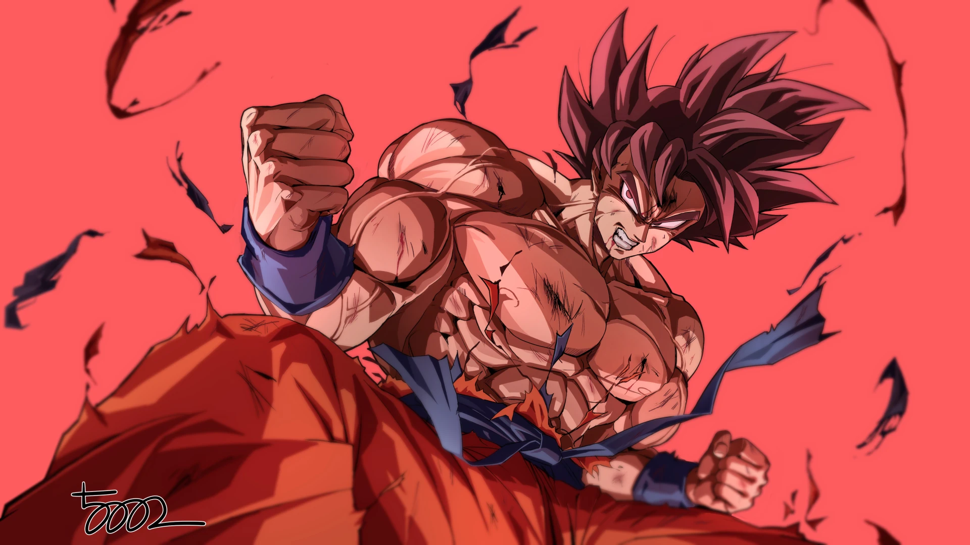 Ilustração de fã de Goku envolvido pela aura vermelha do Kaioken