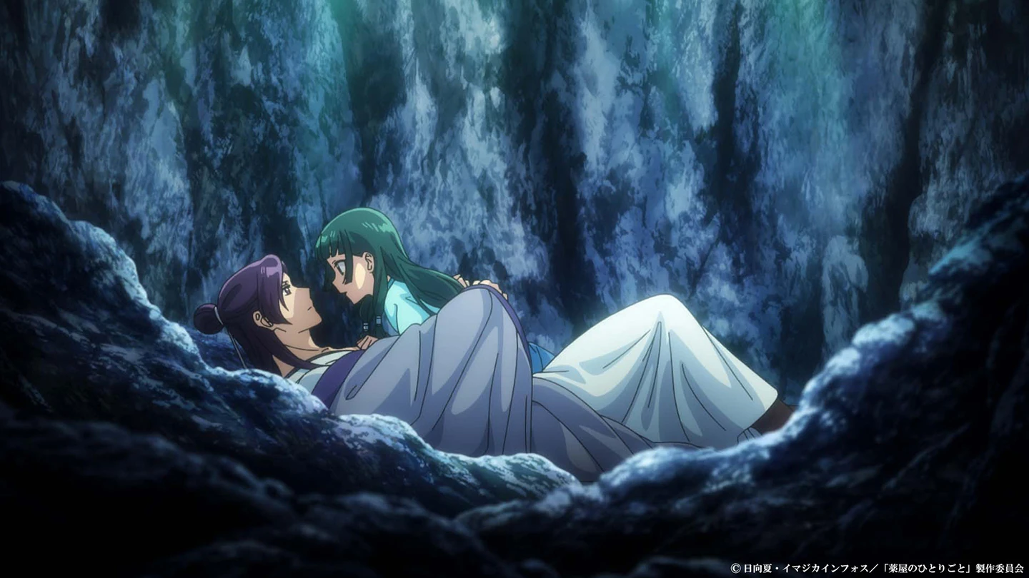 Jinshi e Maomao na caverna durante a revelação de que ele não é eunuco