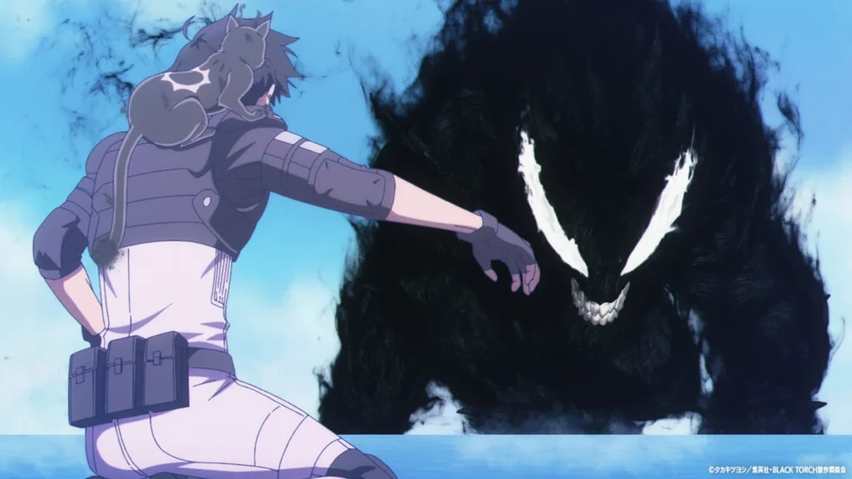 Jiro Azuma com Rago no ombro diante da figura de Amagi no episódio 6 de Black Torch