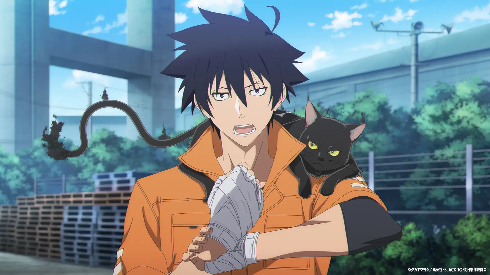 Jiro Azuma com Rago no ombro durante o episódio 4 de Black Torch