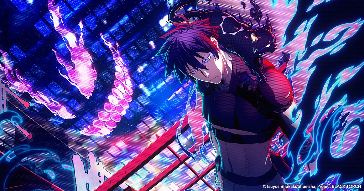 Jiro Azuma e Rago cercados por energia sobrenatural no visual oficial de Black Torch
