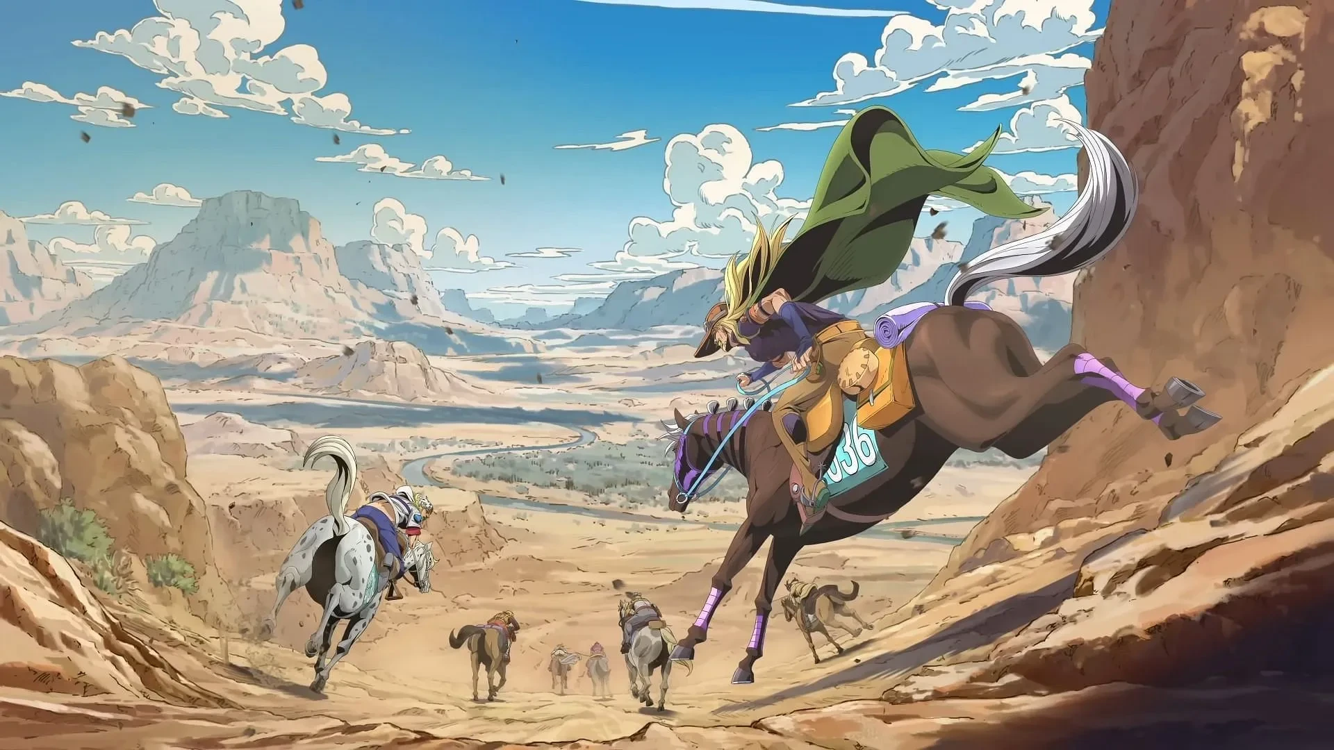 Johnny e Gyro liderando a corrida a cavalo em visual promocional do anime
