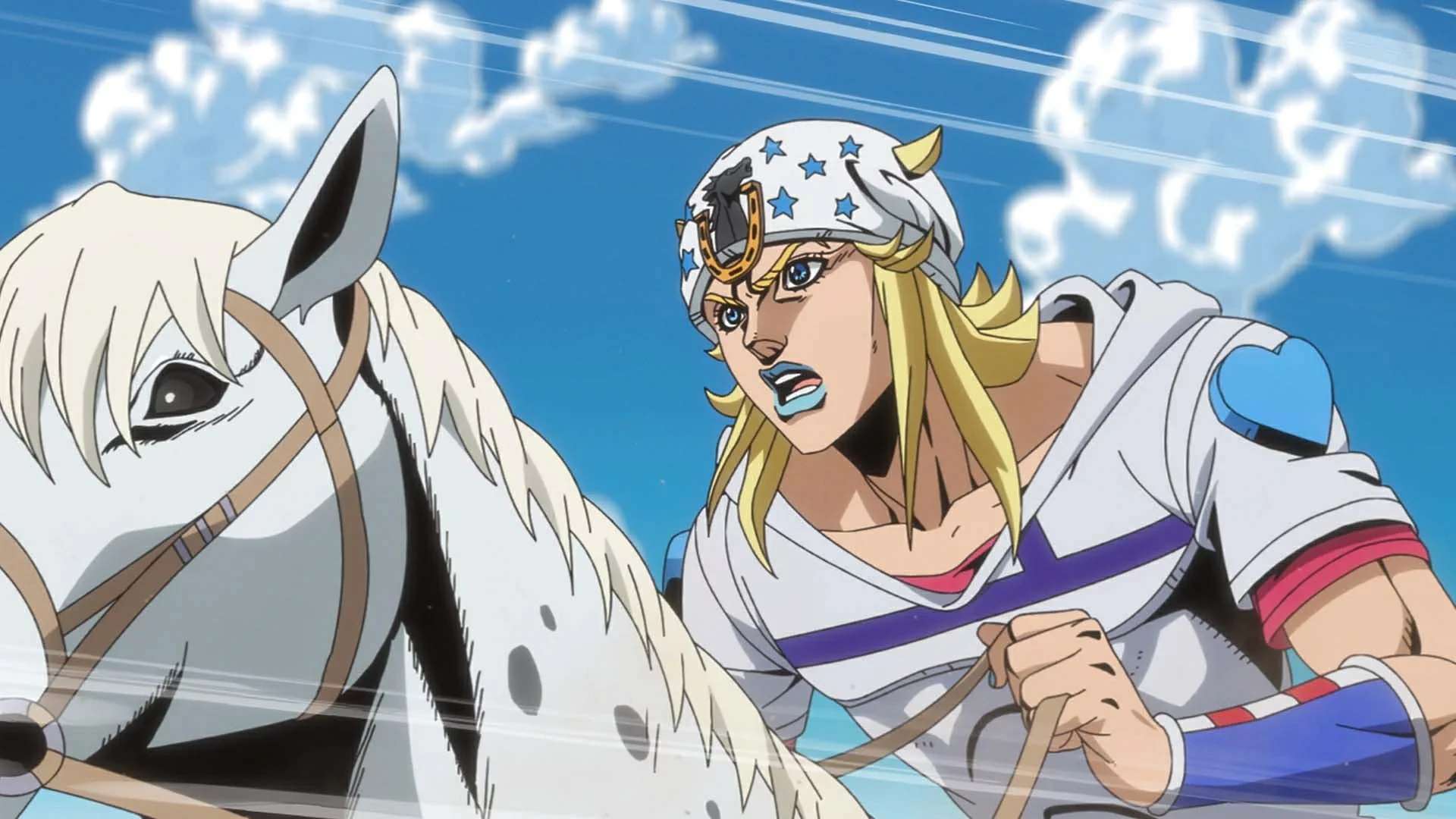 Johnny Joestar cavalgando Slow Dancer no anime de Steel Ball Run