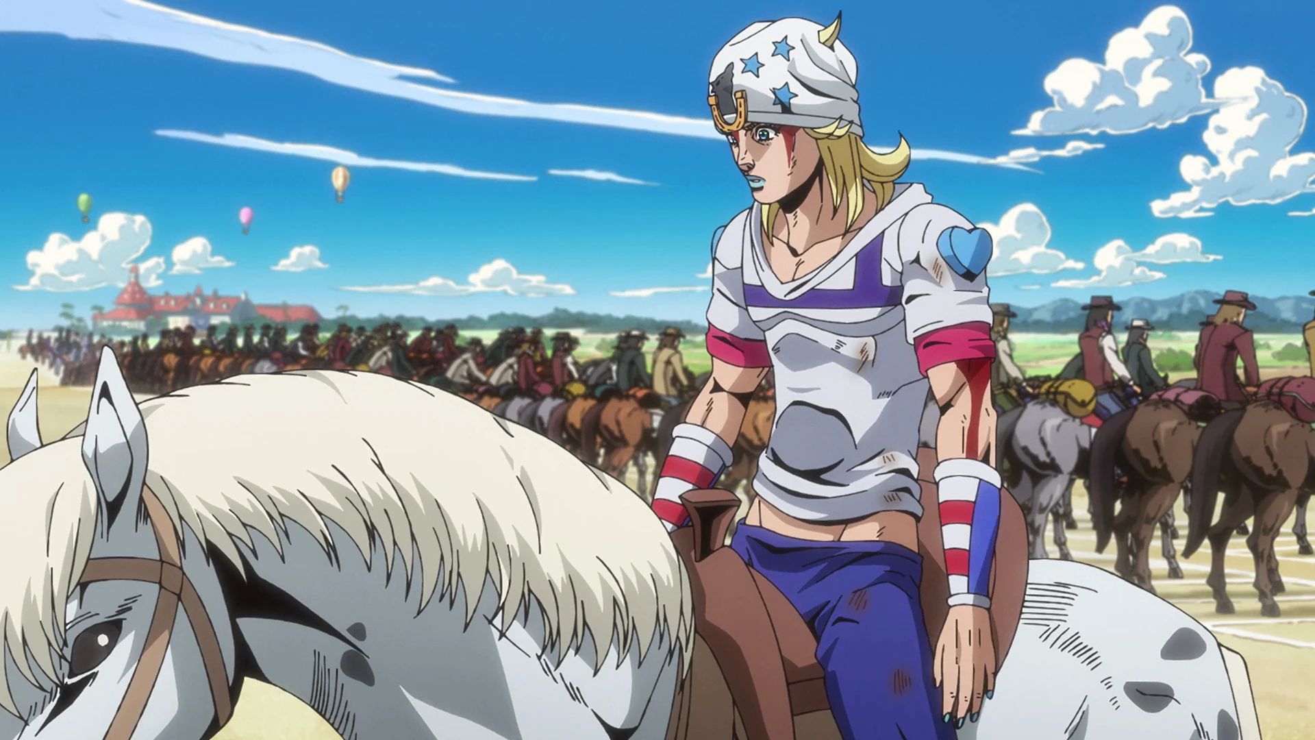 Johnny Joestar montado em Slow Dancer no anime de Steel Ball Run
