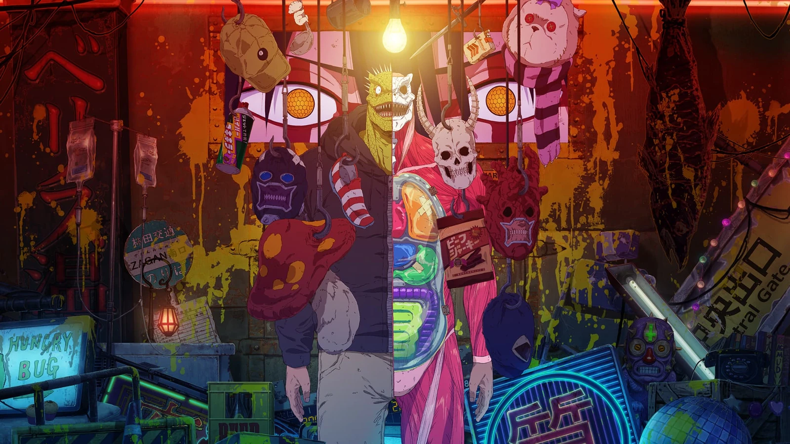 Kaiman com o rosto reptiliano e a anatomia exposta em arte oficial de Dorohedoro