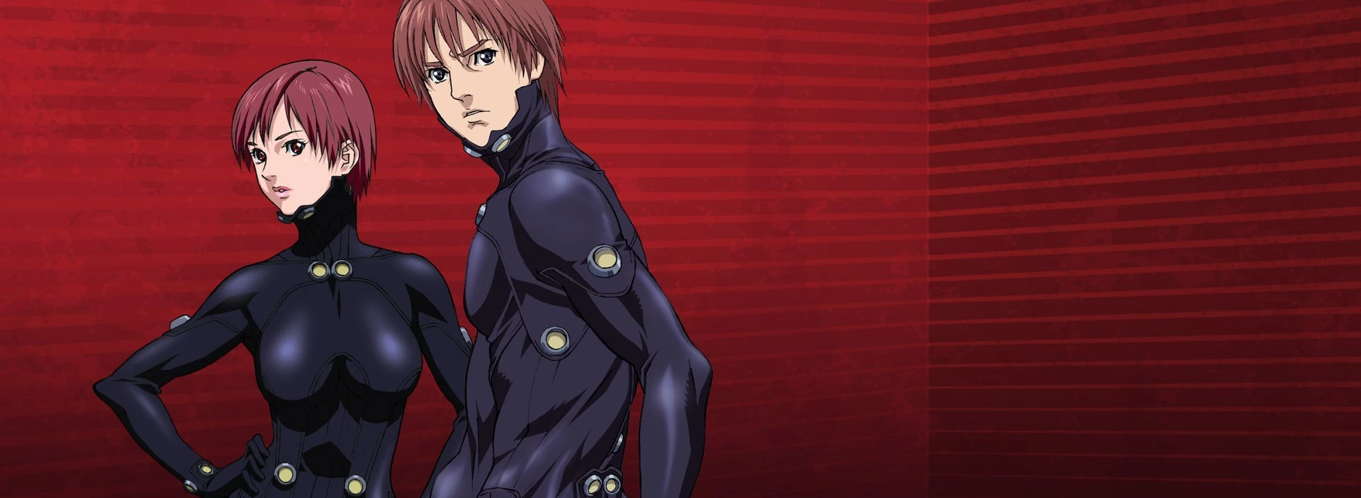 Kei Kurono e Kei Kishimoto usando os trajes de Gantz