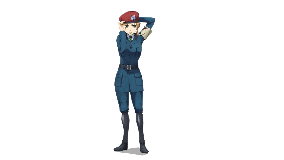 Mary Sue em uniforme da força voluntária na arte oficial do filme de Youjo Senki