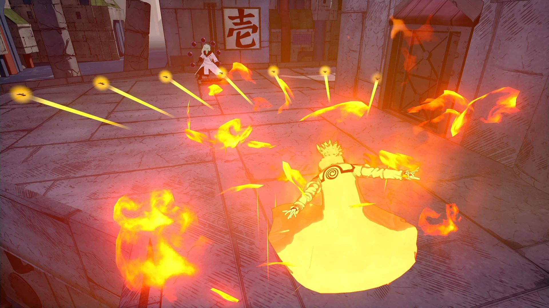 Minato Namikaze usando uma técnica baseada no Hiraishin entre várias kunais