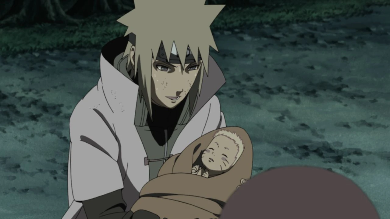 Minato segurando Naruto bebê antes de usar o Shiki Fūjin