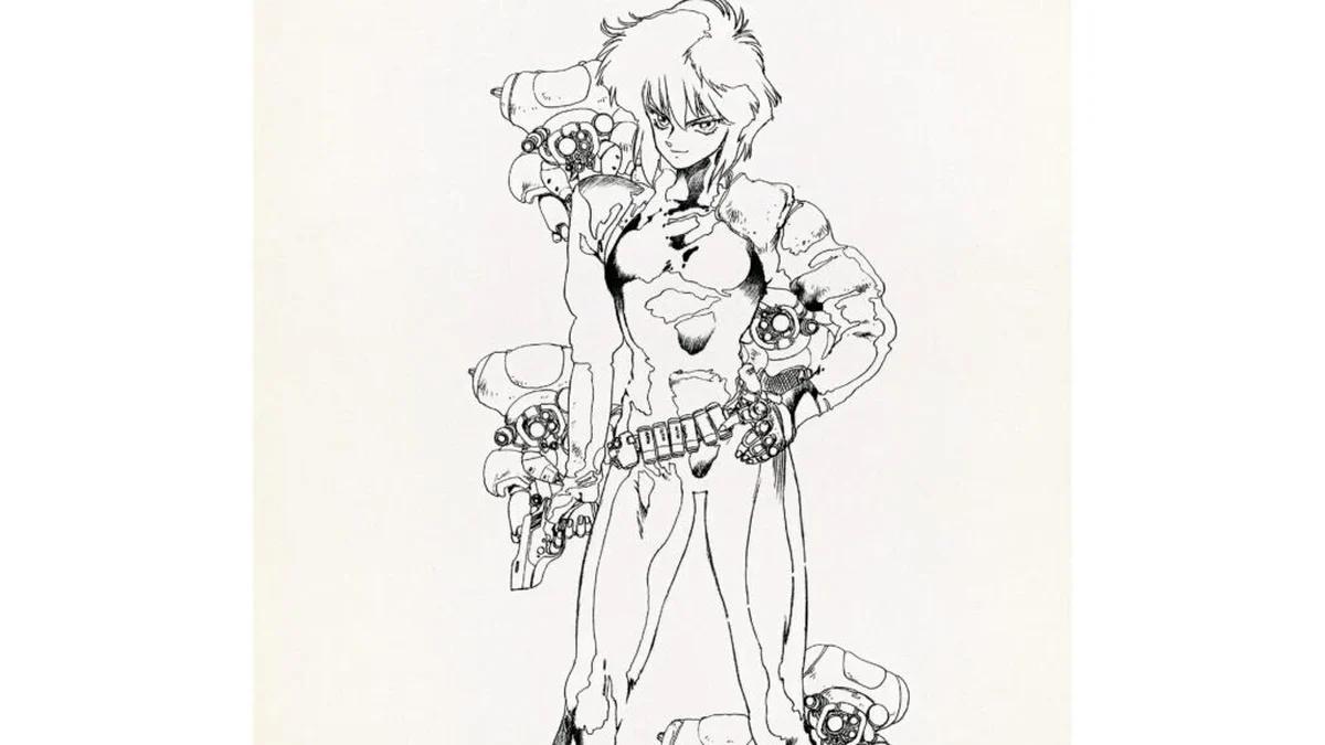 Motoko Kusanagi cercada por Fuchikoma em ilustração oficial de Masamune Shirow