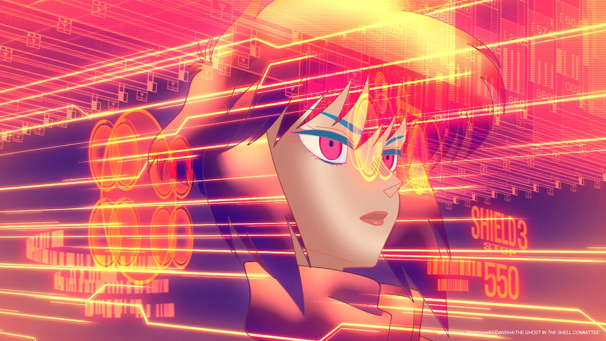Motoko Kusanagi cercada por interfaces de rede em Ghost in the Shell