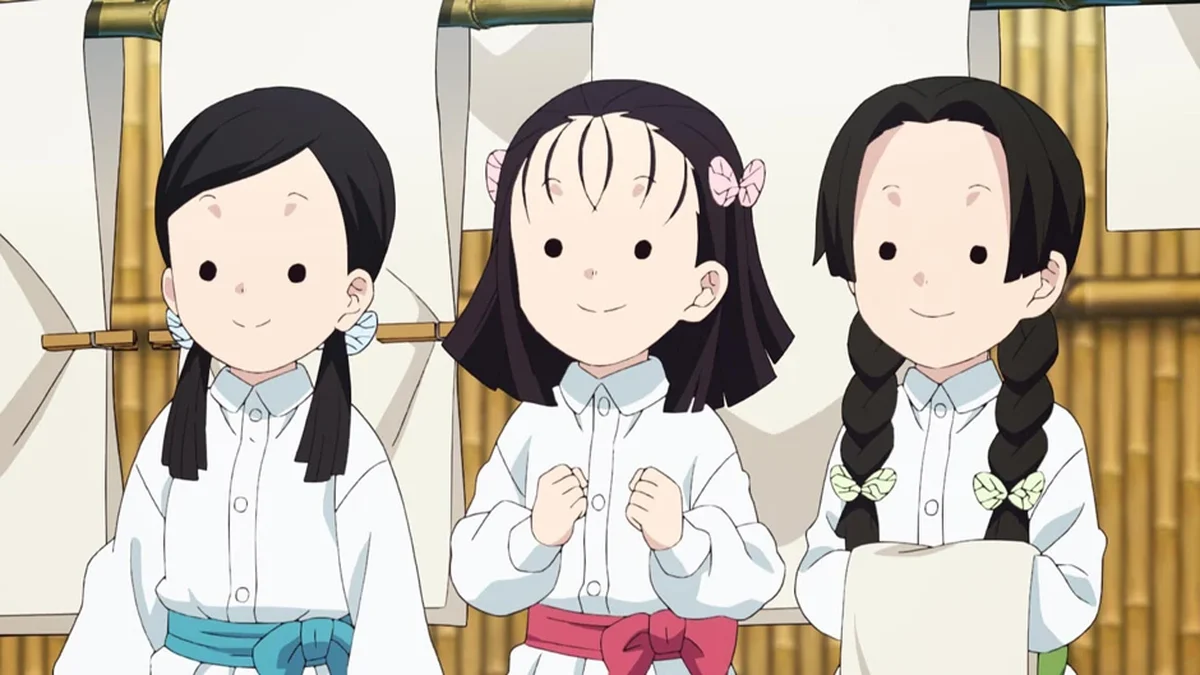 Naho, Kiyo e Sumi acompanhando o treinamento de Tanjiro na Mansão Borboleta