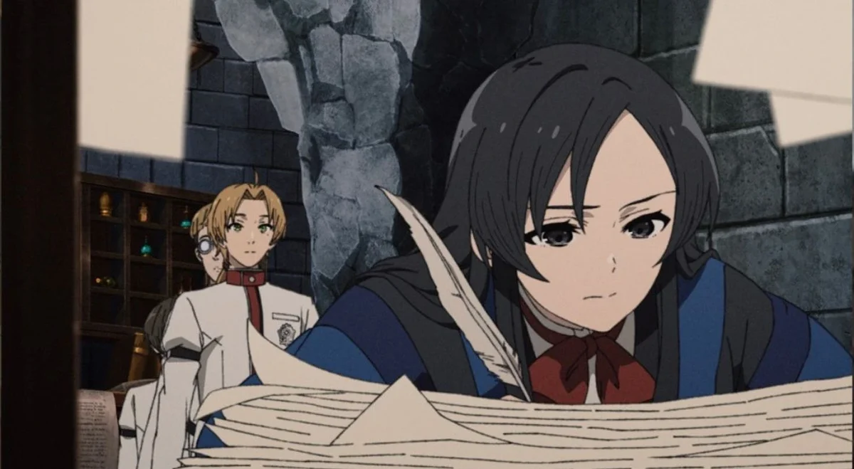 Nanahoshi working on summoning diagrams with Rudeus standing behind her
