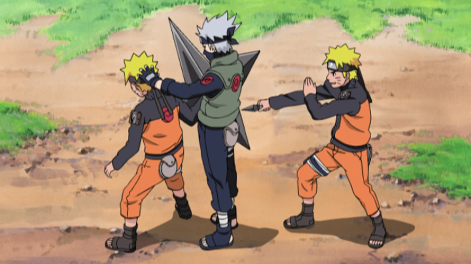 Naruto e um clone das sombras treinando sob a supervisão de Kakashi