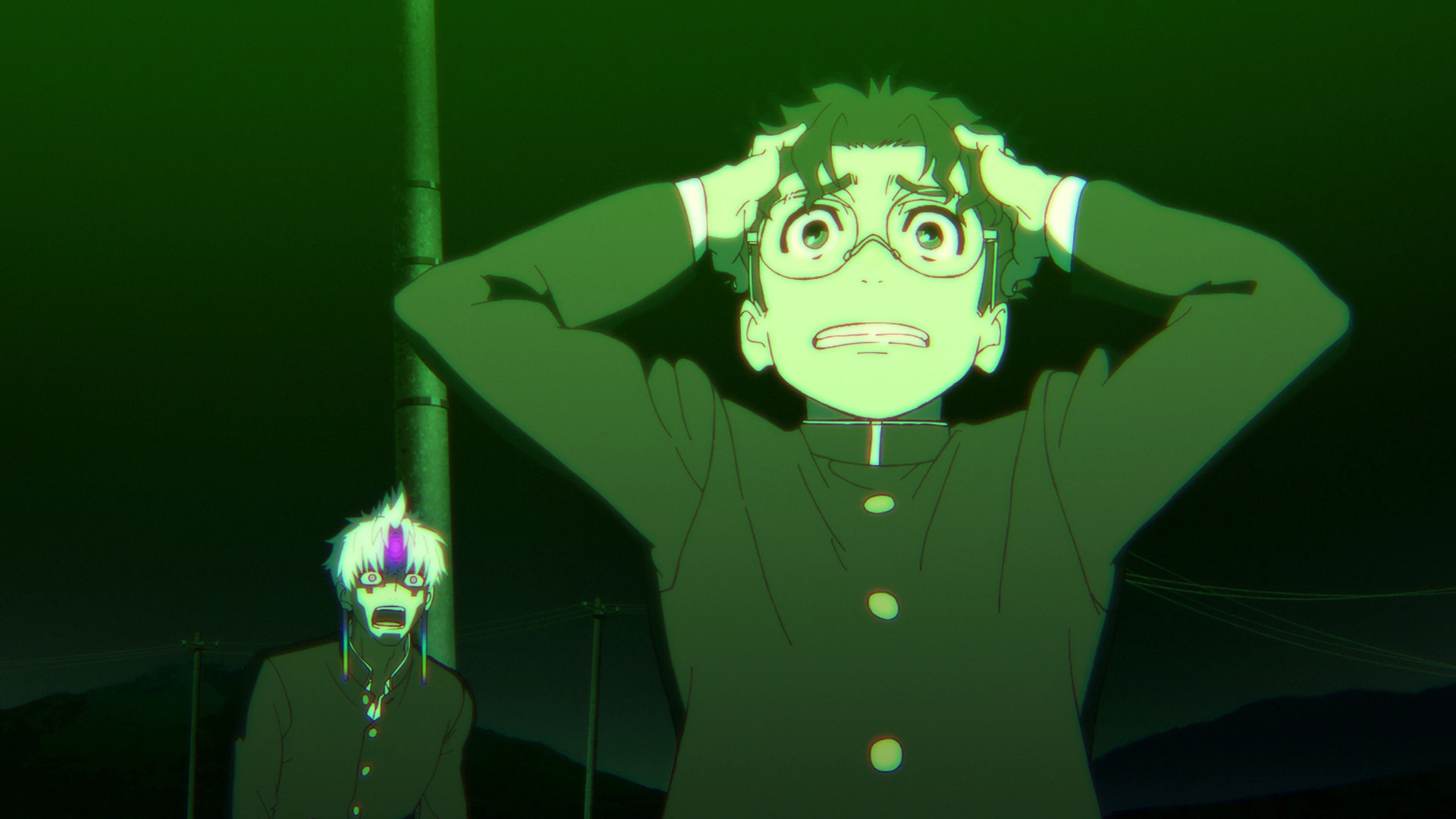 Okarun and Jiji after being ejected during the final battle of Dandadan Season 2
