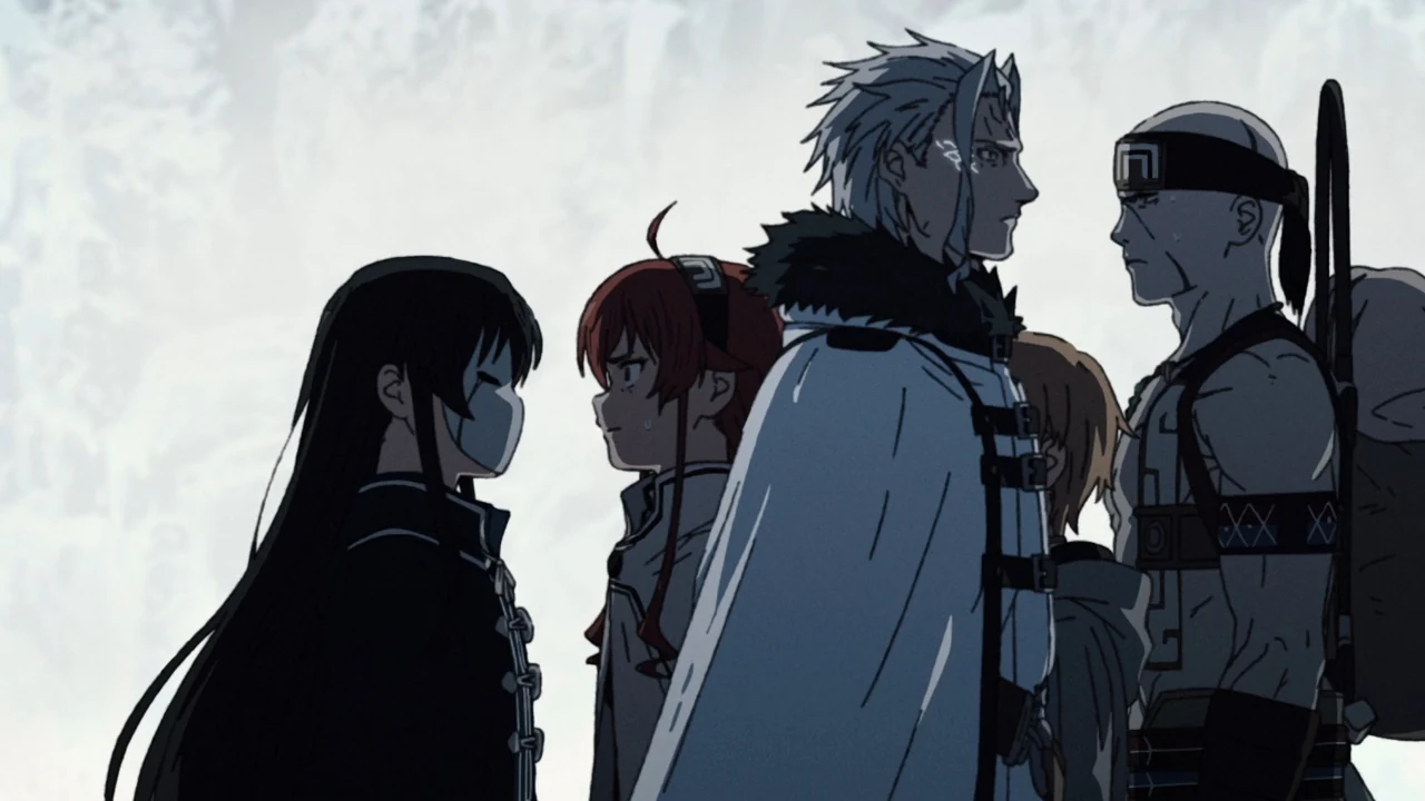 Orsted diante de Rudeus, Eris e Ruijerd durante Turning Point 2 em Mushoku Tensei