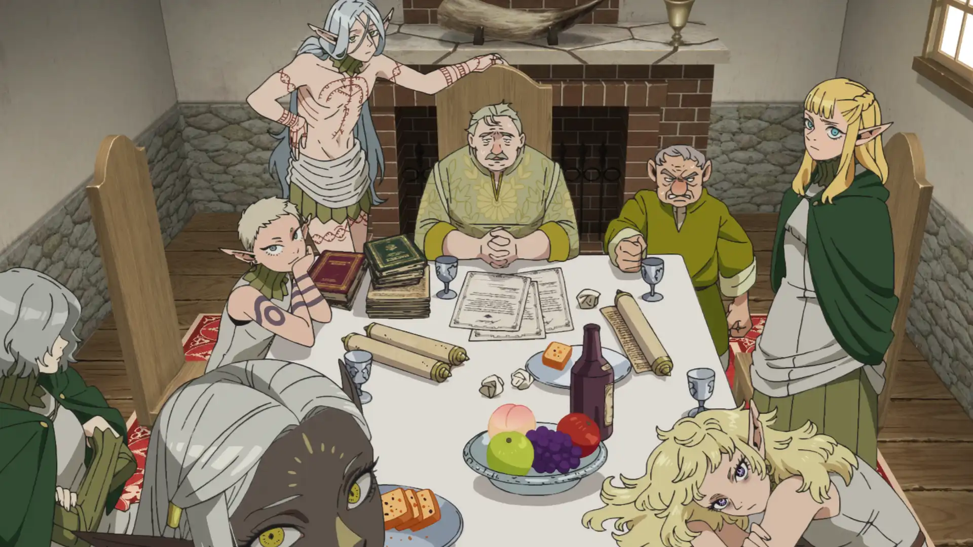 Os Canários reunidos com autoridades da ilha em Dungeon Meshi