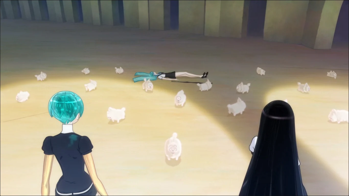 Phos e Bort observam as pequenas partes de Shiro espalhadas pela escola