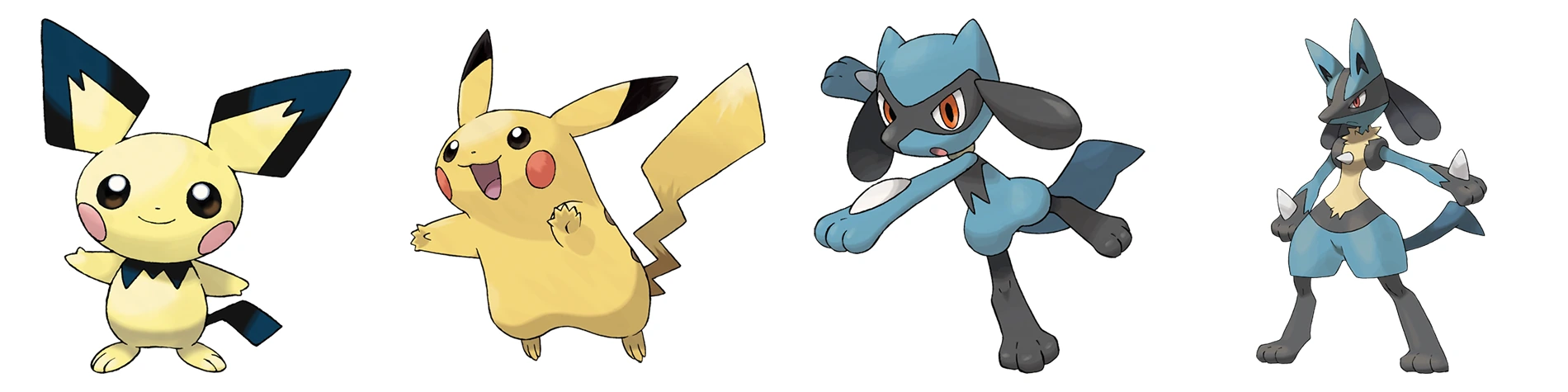 Pichu, Pikachu, Riolu e Lucario em artes oficiais de suas linhas evolutivas