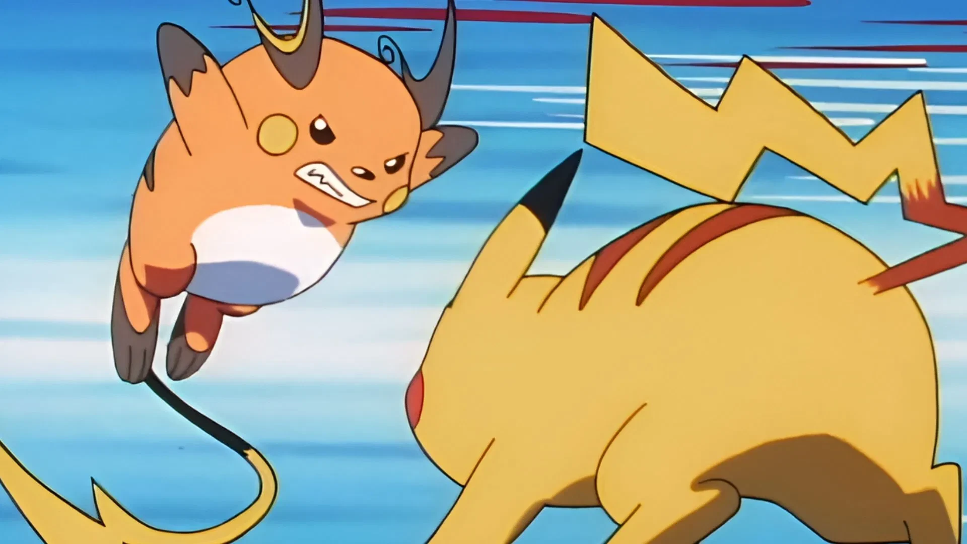 Pikachu enfrentando Raichu em uma batalha do anime Pokémon