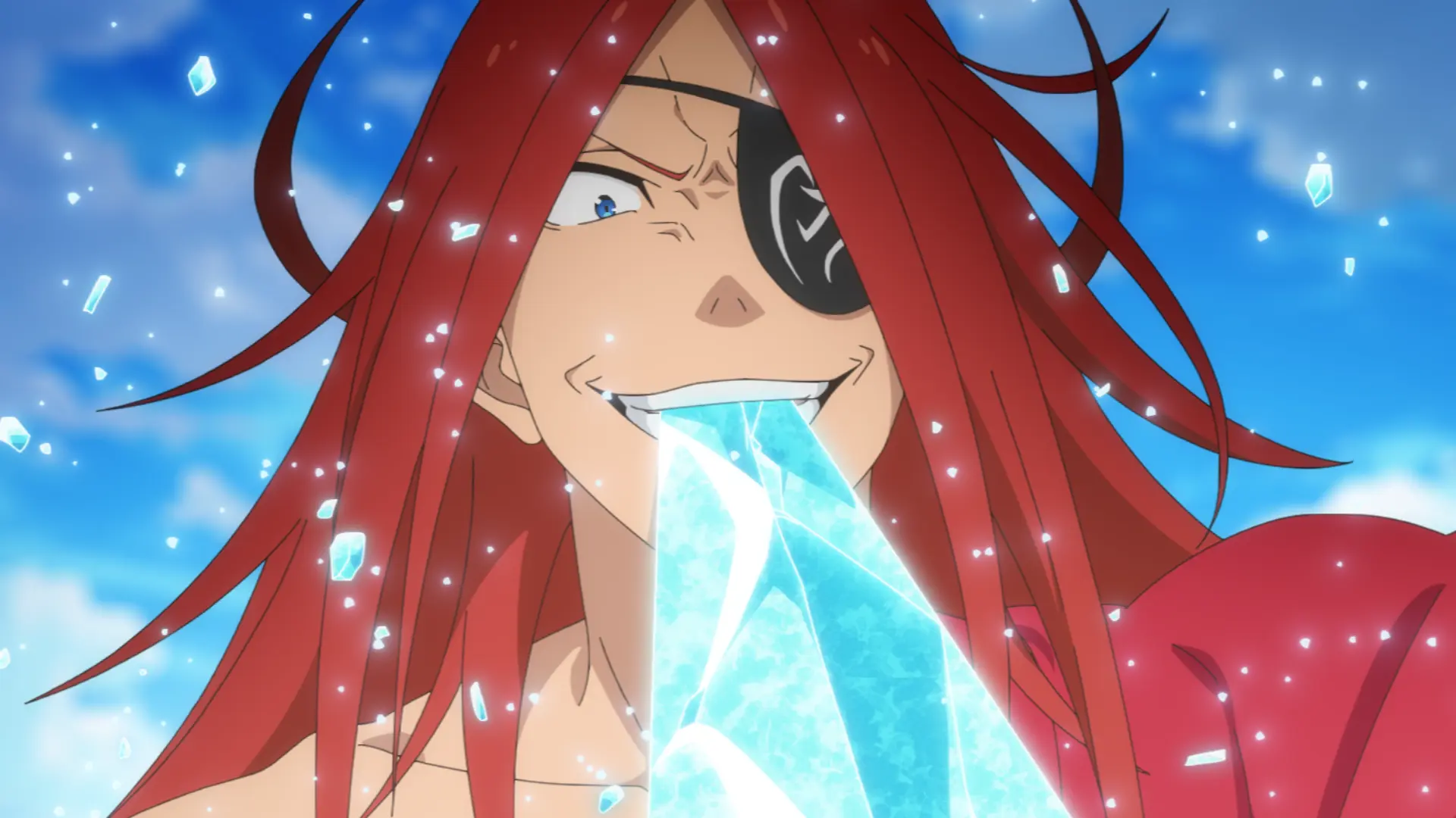 Reid Astrea mordendo uma lâmina de gelo durante a batalha em Re:Zero