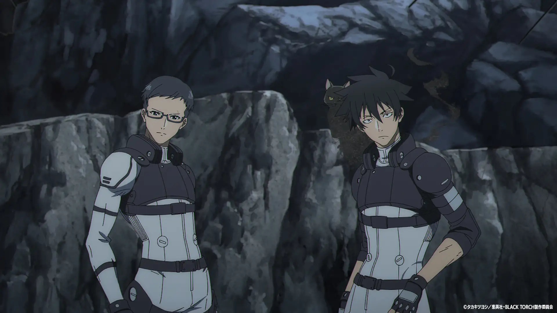 Reiji Kirihara junto a Jiro Azuma y Rago durante la misión del episodio 5 de Black Torch