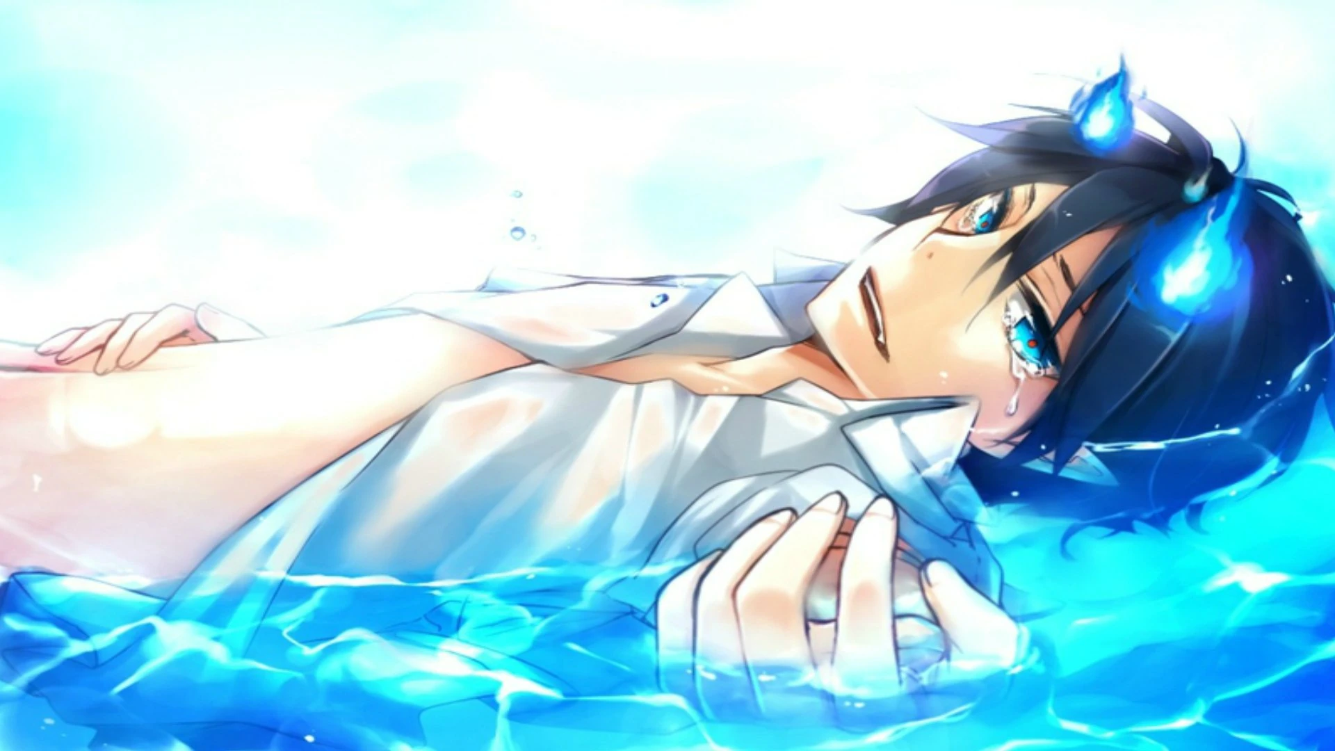 Rin Okumura cercado pelas chamas azuis em Blue Exorcist