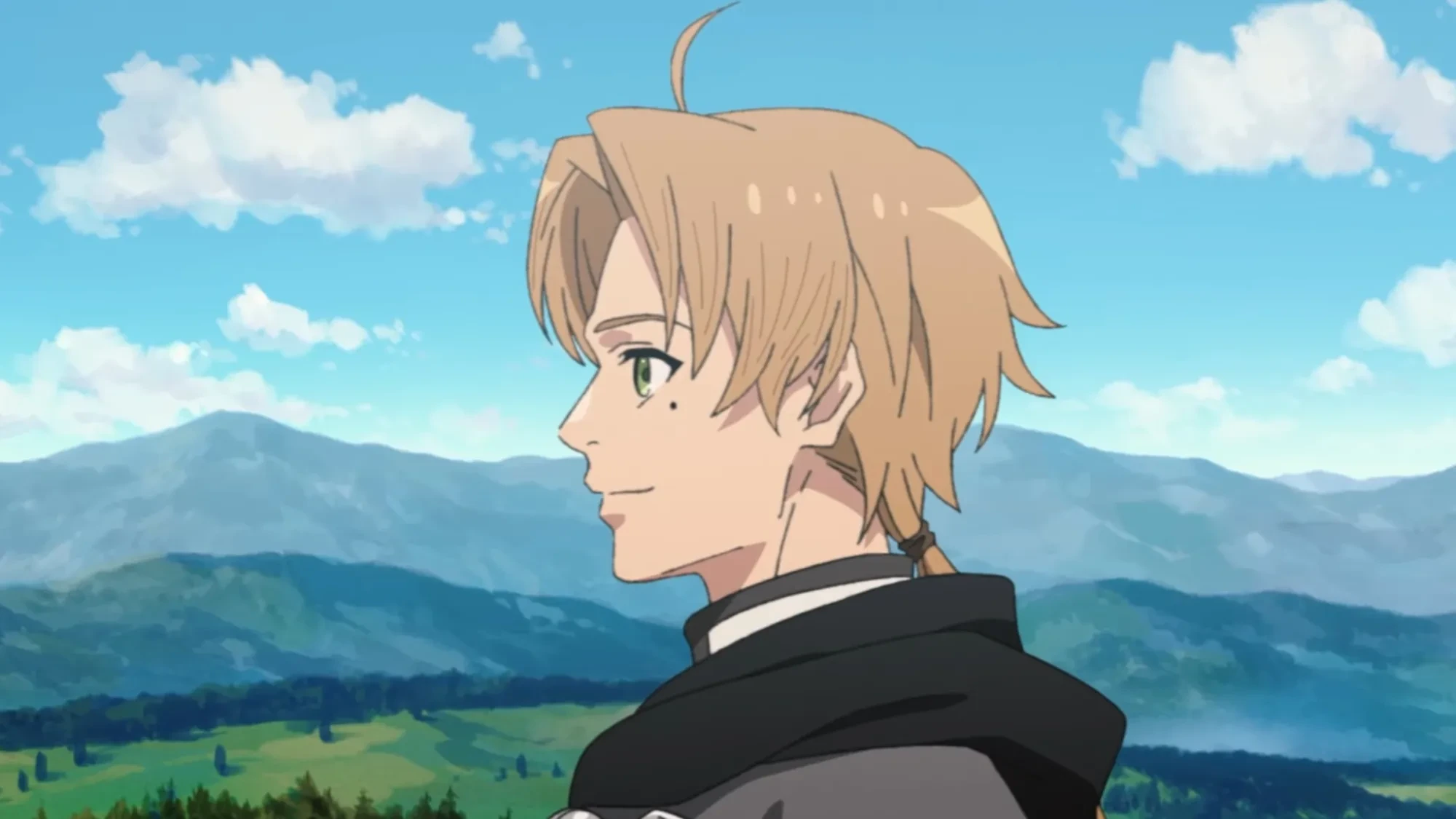Rudeus Greyrat adulto olhando para a paisagem em visual da terceira temporada de Mushoku Tensei