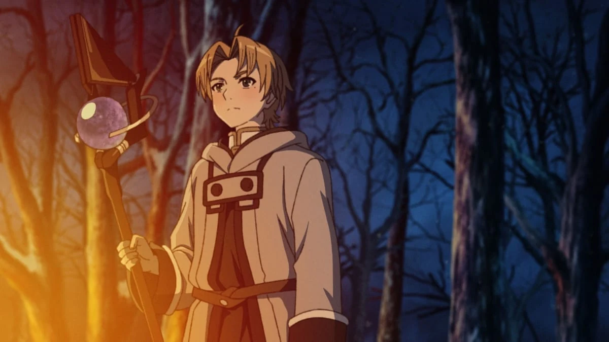 Rudeus segurando seu cajado em uma floresta durante Mushoku Tensei