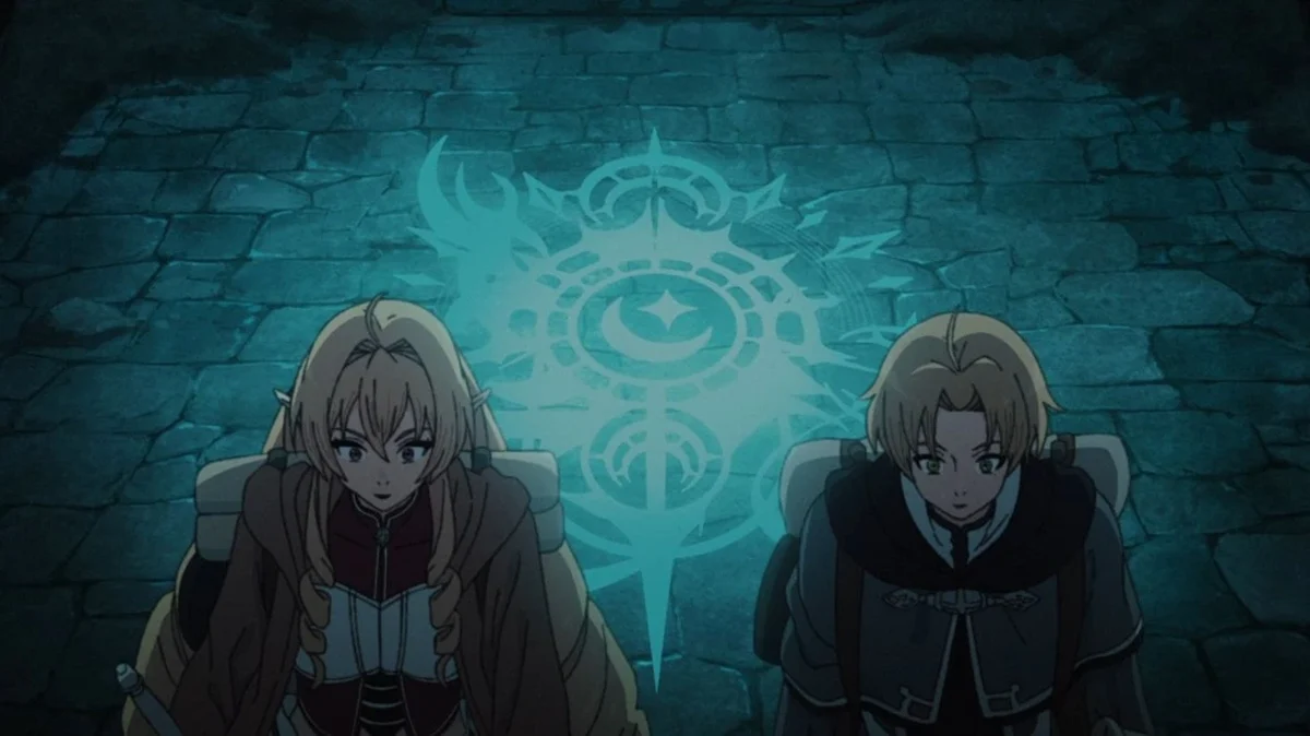 Rudeus standing near a teleportation circle during an earlier journey