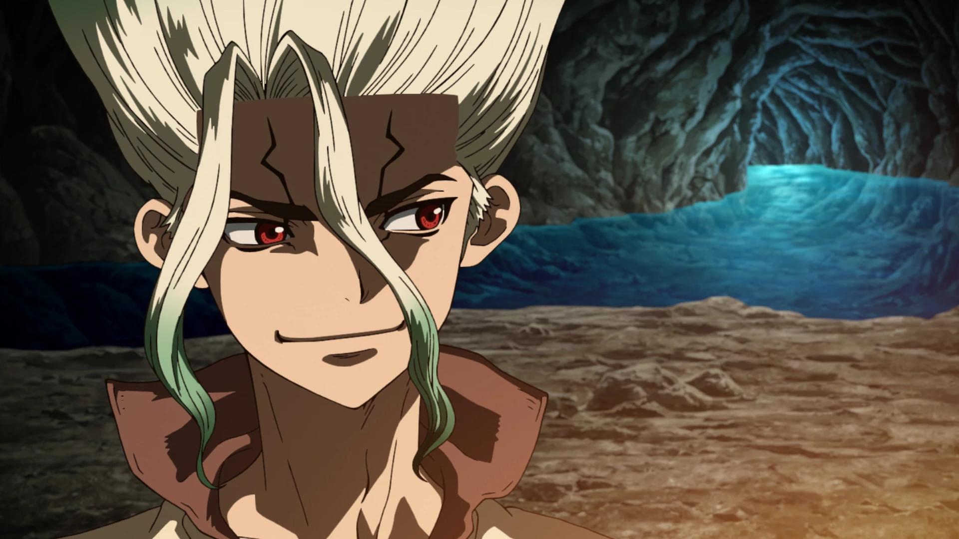 Senku em uma cena de Dr. STONE ligada ao Reino da Ciência