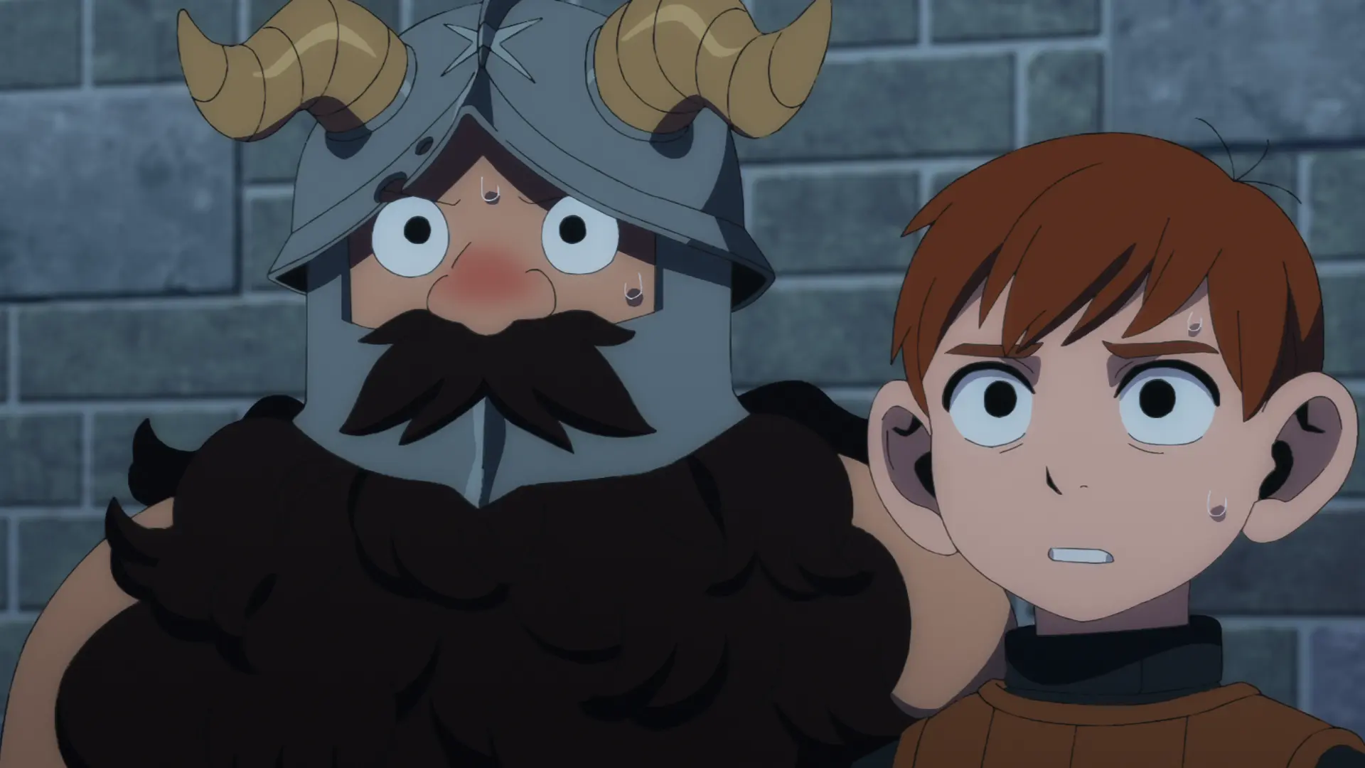 Senshi e Chilchuck observam a situação de Falin dentro da masmorra