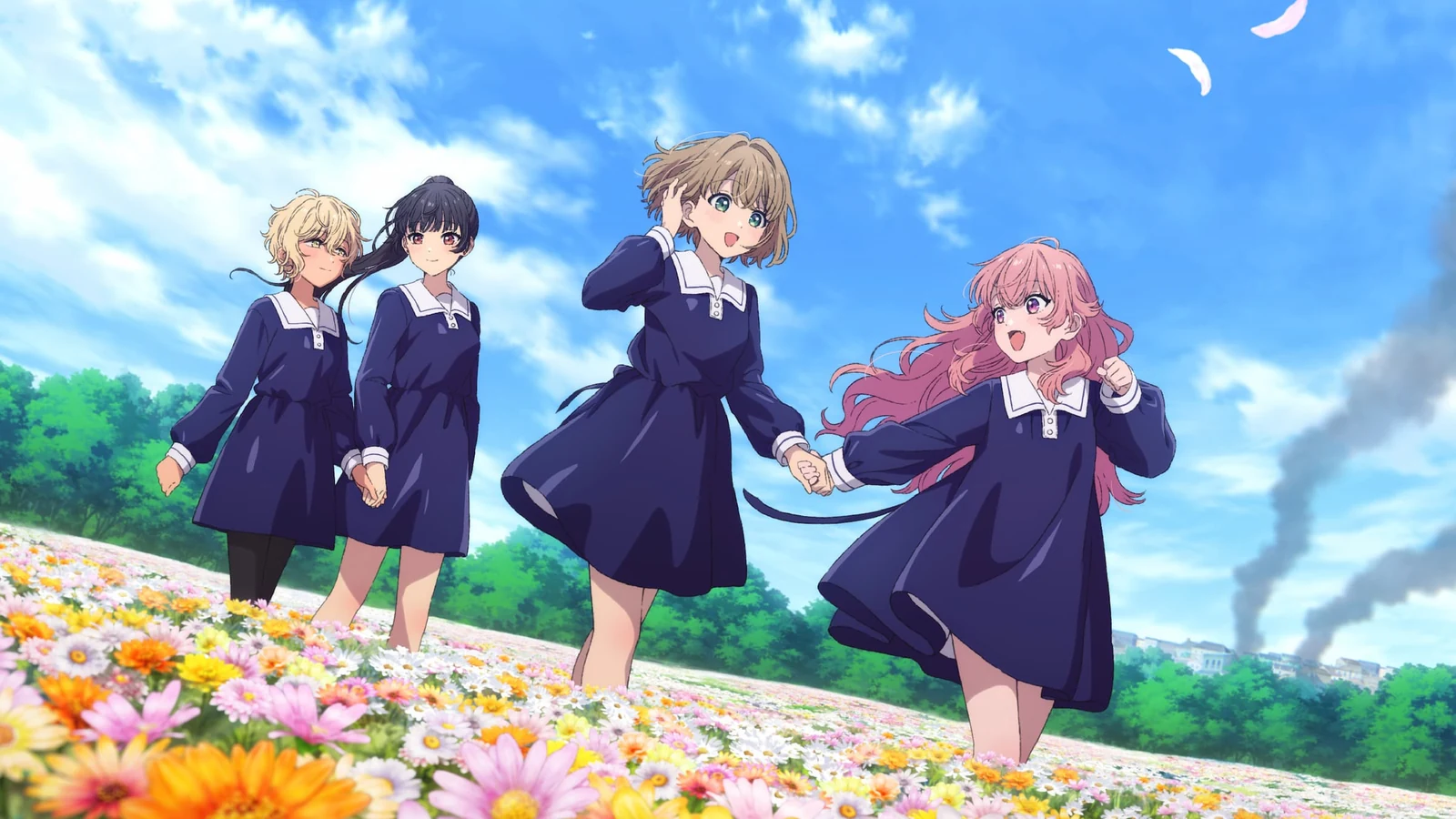 Sheena, Mimi, Lizzy e Ali atravessando um campo de flores com fumaça da guerra ao fundo