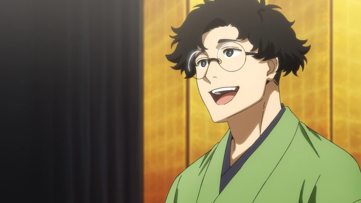 Shinta Arakawa em uma apresentação de rakugo no primeiro episódio de Akane-banashi