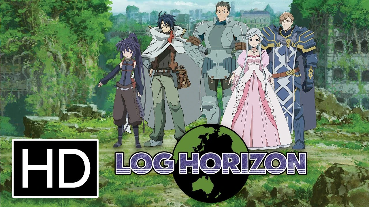 Shiroe e o elenco no visual de Log Horizon durante a fase do Studio Deen