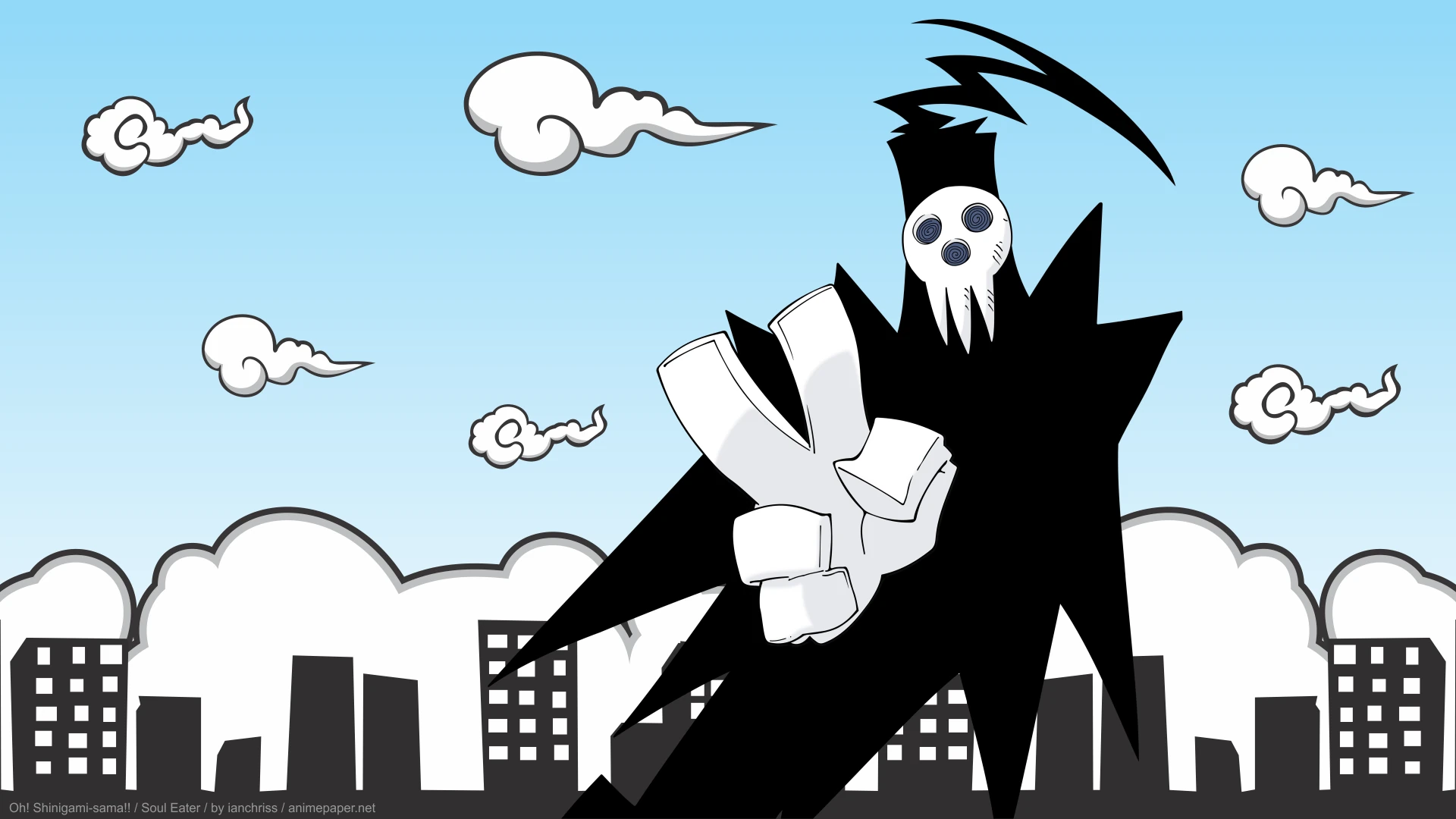 Soul Eater visual showing a series character against a stylized city