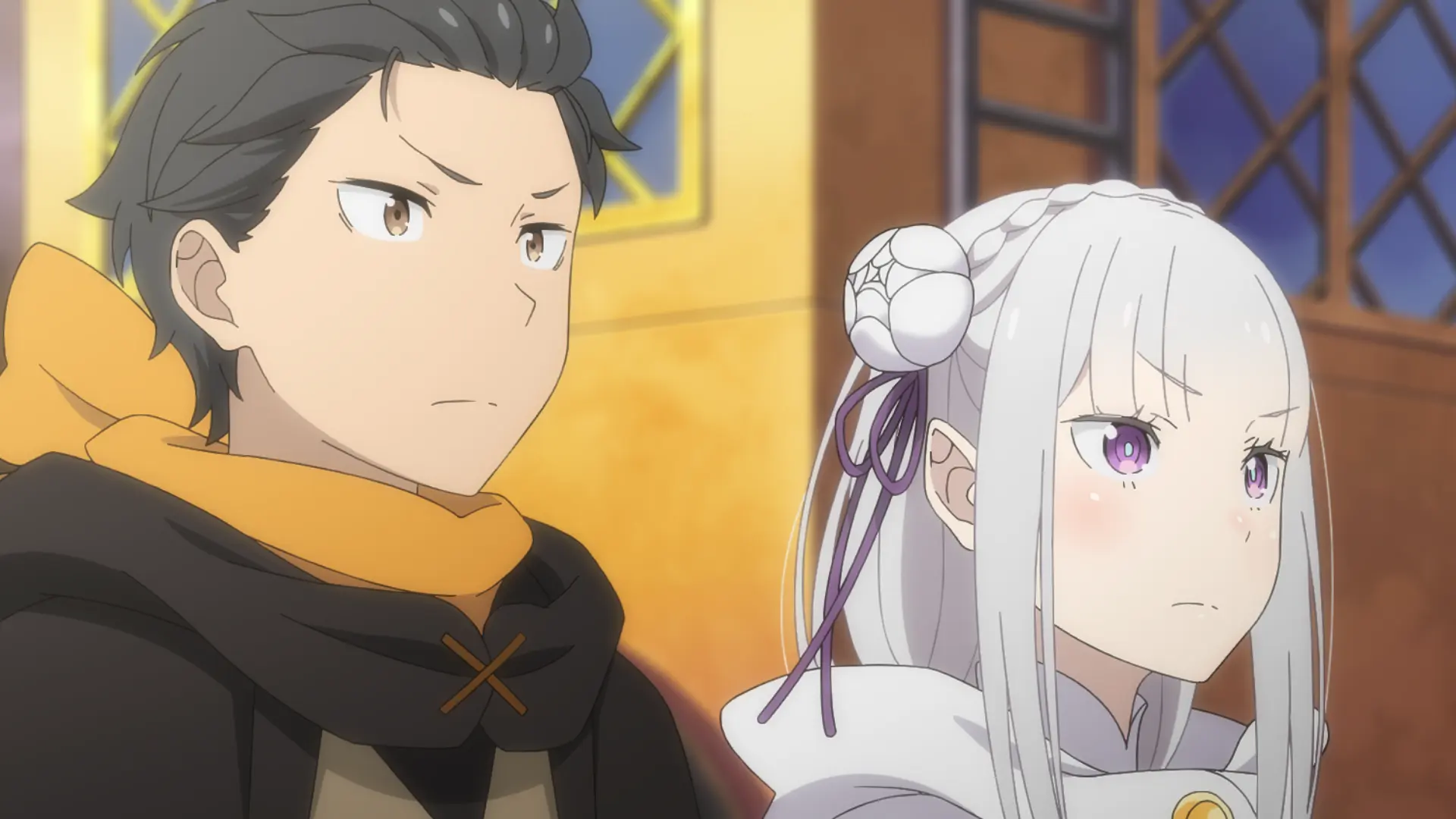 Subaru e Emilia antes da jornada até a Torre de Vigilância de Pleiades