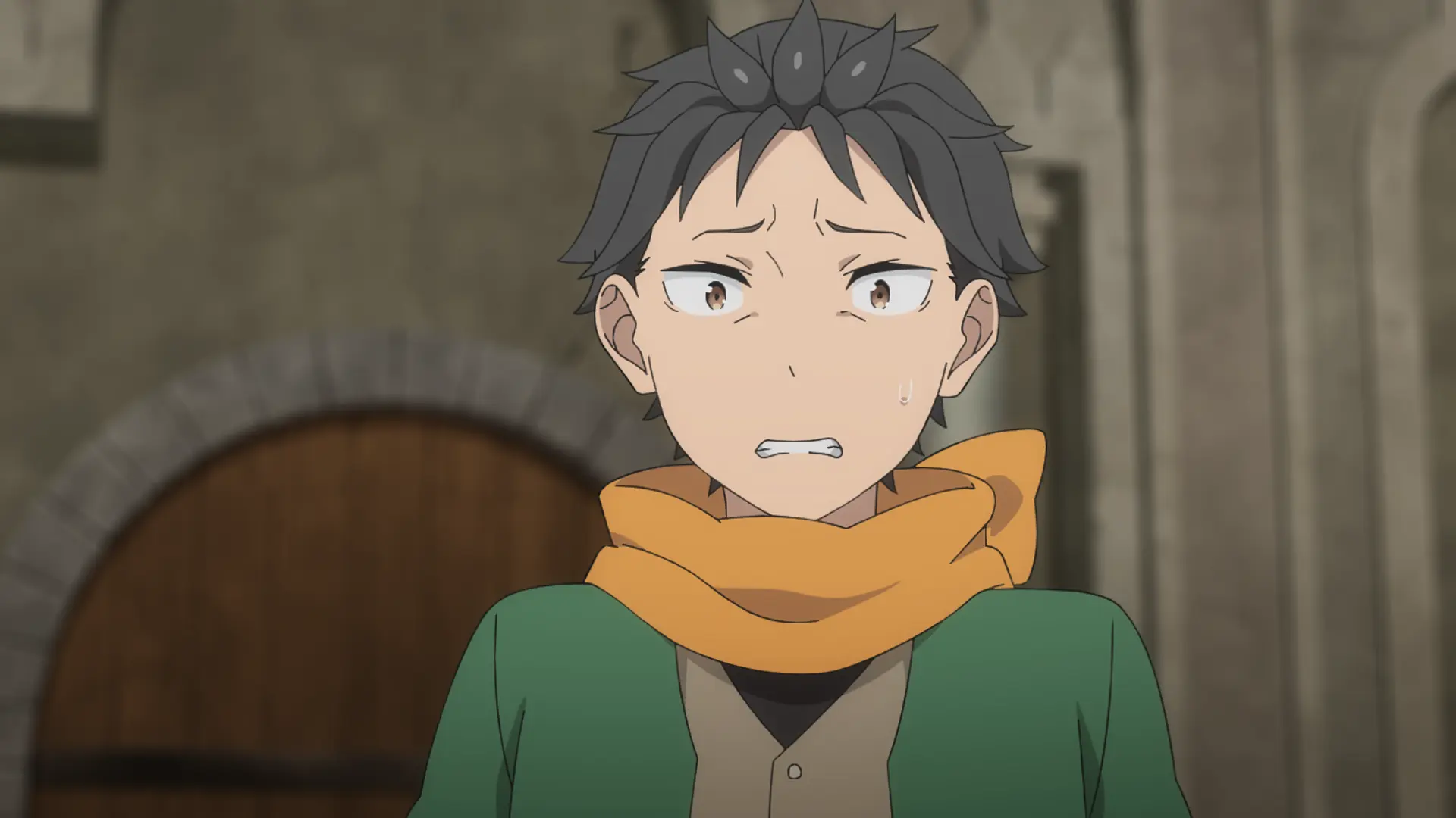 Subaru Natsuki aparece apreensivo no episódio 78 de Re:Zero