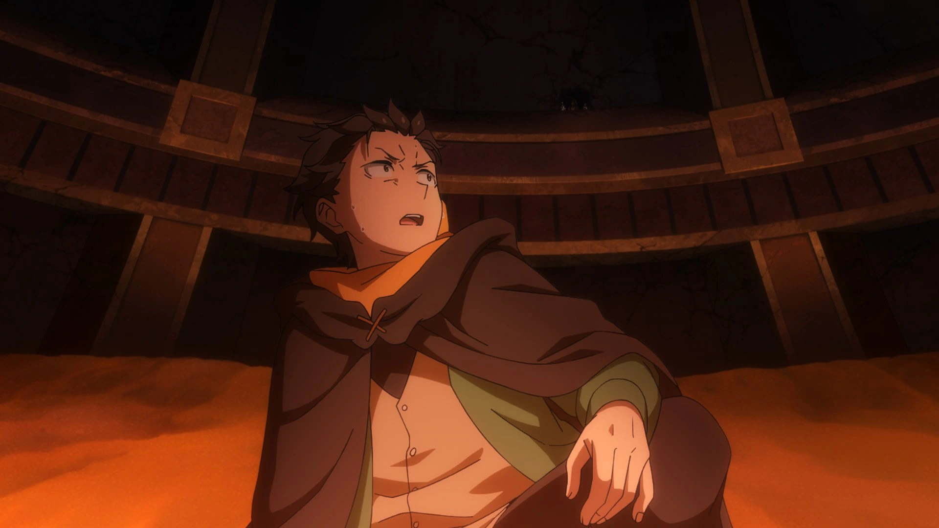 Subaru Natsuki en alerta dentro de la Torre de las Pléyades en la temporada 4 de Re:Zero
